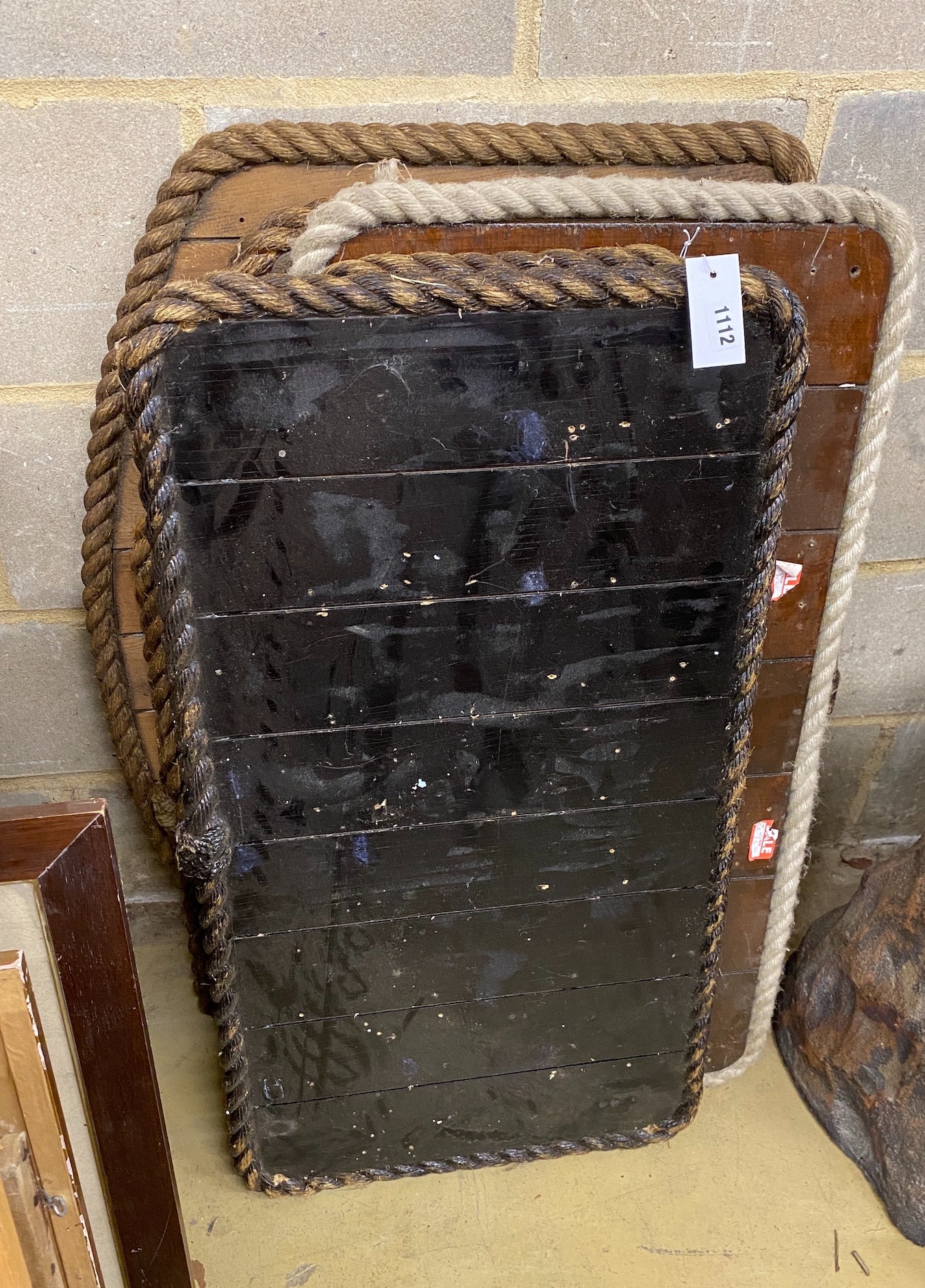 Six rope mounted nautical style display boards, largest width 87cm, height 61cm